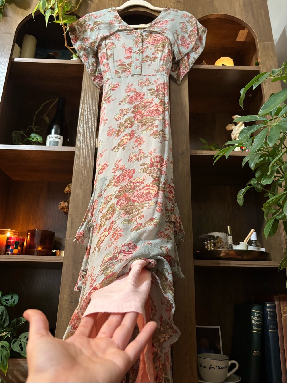 XS Pastel Pink Blue Floral Rose Print V-Neck Maxi Dress - Picture 11 of 13